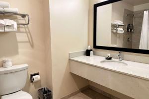 a bathroom with a sink and a toilet and a mirror at Wyndham Chicago South Loop in Chicago