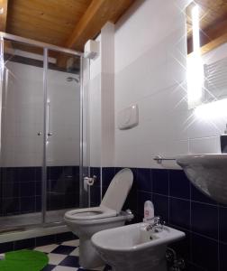 ein Bad mit einer Dusche, einem WC und einem Waschbecken in der Unterkunft Giudei House Suite Bologna in Bologna