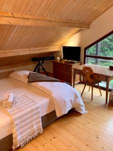 a bedroom with a bed and a desk with a computer at Unique Sustainabel Lodge in the Swiss Jura Mountains in Neuchâtel