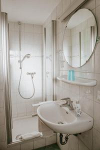 uma casa de banho com um lavatório, um chuveiro e um espelho. em Gasthaus Hirsch em Wangen im Allgäu