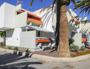 a white building with a palm tree in front of it at Casa Lola in Costa Del Silencio