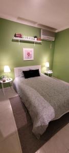 1 dormitorio con 1 cama grande y paredes verdes en Jardins da Falesia, en Albufeira