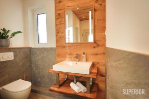 ein Badezimmer mit Waschbecken, Toilette und Spiegel in der Unterkunft Harz BnB Werkmeister in Sankt Andreasberg