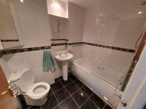 a bathroom with a toilet and a tub and a sink at Granite Getaways - Union Skyview in Aberdeen