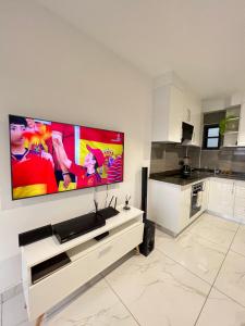 a living room with a large flat screen tv on a wall at Luxury Penthouse Suite, Cantonments-Labone in Accra