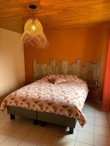 1 dormitorio con cama y lámpara de araña en Ô Baguenaudes en Jalhay
