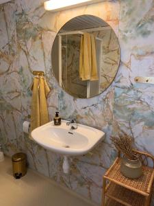 uma casa de banho com um lavatório e um espelho em Enok Hytter & Resort em Liagardane