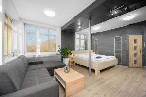 salon z kanapą i łóżkiem w obiekcie Apartmá SunGarden Liberec w mieście Liberec