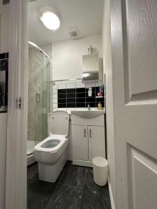 a white bathroom with a toilet and a sink at Nice studio in london in London