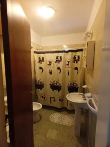La salle de bains est pourvue d'un rideau de douche, de toilettes et d'un lavabo. dans l'établissement Cabañas Comodoro, à Mina Clavero