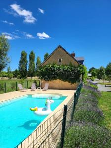 Gîte La Gouletterie classé 3* avec piscine في Thorée-les-Pins: مسبح فيه بط لعبة وموز