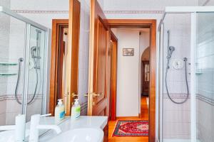 uma casa de banho com um lavatório e um chuveiro em Exclusive Apartment a 10 minuti da Teatro Rossetti em Trieste