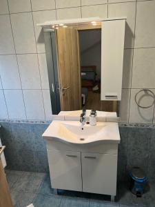 a bathroom with a white sink and a mirror at Rooms Balkovec in Dragatuš +15 photos