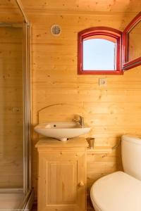 ein Bad mit einem Waschbecken, einem WC und einem Fenster in der Unterkunft Roulotte La Comtoise 