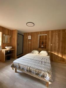 1 dormitorio con 1 cama y baño con lavamanos en Gîte : La vieille bâtisse., en La Baume-Cornillane