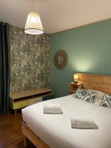 聖艾尼昂的住宿－La Maison des lilas, 5 mn de Beauval，卧室配有一张白色大床和吊灯。