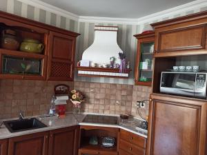 a kitchen with a sink and a microwave at Harmath Vendégház Balatonszárszó in Balatonszárszó