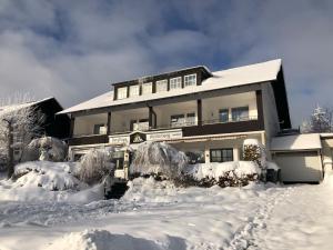 een huis bedekt met sneeuw met veel sneeuw bij Berghaus Winterberg in Winterberg