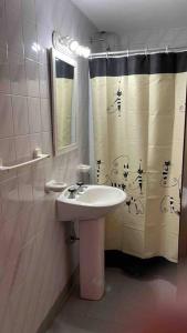 baño con lavabo y cortina de ducha en Casa alquiler 5 per. Santa Teresita 4 cuadras Mar en Santa Teresita