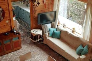 a living room with a couch and a tv at Rados chalet in Rádhos