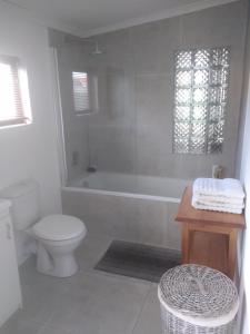 a bathroom with a toilet and a tub and a sink at Fisherhaven Guest House in Hermanus