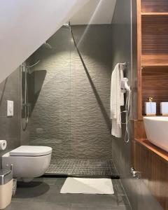地拉那Vila Shard Boutique Hotel的带淋浴、马桶和水槽的浴室