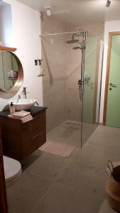 a bathroom with a glass shower and a sink at B&B Houten Huis in Nazareth