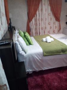 a bedroom with a bed with green pillows on it at Bisho Park guesthouse in King Williamʼs Town
