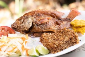 um prato de comida com peixe e arroz em Isla Tijereto em Isla Grande