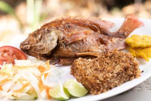 a plate of food with a fish and rice at Isla Tijereto in Isla Grande