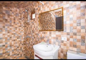 a bathroom with a sink and a mirror and a toilet at Dilijan Dream House! 3 Bedroom Amazing Villa in National Park! in Dilijan +5 photos