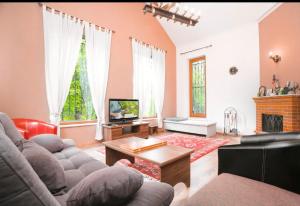 a living room with a couch and a tv at Dilijan Dream House! 3 Bedroom Amazing Villa in National Park! in Dilijan