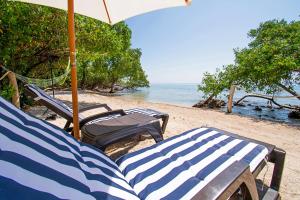 two lounge chairs and an umbrella on a beach at Isla Tijereto in Isla Grande