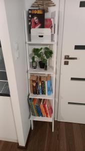 un estante de libros con libros y una planta al lado de una puerta en Apartament Muzyczny, en Jelenia Góra