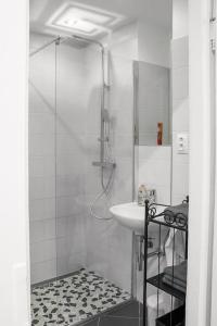 een badkamer met een douche en een wastafel bij Prince Matyas apartment in Praag