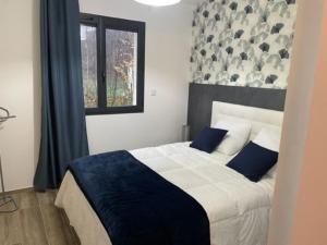 ein Schlafzimmer mit einem großen Bett mit blauen Kissen und einem Fenster in der Unterkunft Cassie Home in Saint-Jean-en-Royans