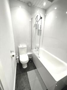 y baño blanco con aseo y ducha. en Loft apartment in Joppa en Edimburgo