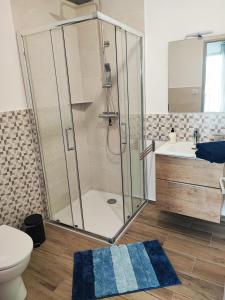La salle de bains est pourvue d'une douche, de toilettes et d'un lavabo. dans l'établissement chambre 2 vue lac av piscine, à Prunières