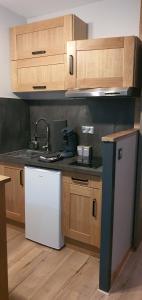 een keuken met houten kasten en een witte vaatwasser bij Duplex Aiguille du midi CHAMONIX in Chamonix-Mont-Blanc