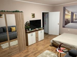 um quarto com uma cama, uma televisão e um sofá em Sweet-home erkélyes apartman Kaposvár em Kaposvár