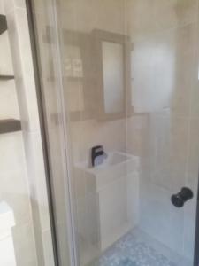a bathroom with a shower with a glass door at Bisho Park guesthouse in King Williamʼs Town