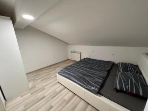 1 dormitorio con 1 cama grande y suelo de madera en Golden House, en Osijek