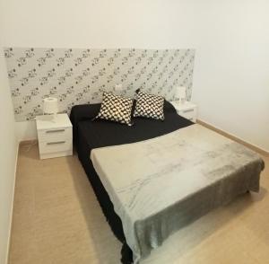 1 dormitorio con 1 cama grande y 2 almohadas en Casa Analiz en Arrecife