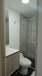 La petite salle de bains est pourvue d'une douche et de toilettes. dans l'établissement viviendas turísticas Sara Angel R2, à Salento