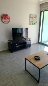 a living room with a flat screen tv and a coffee table at Track Apartment in Scala
