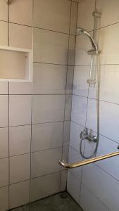 a shower with a glass door in a bathroom at Cozy 1 BR w/ balcony, ocean view & perfect sunsets in Ribeira Brava