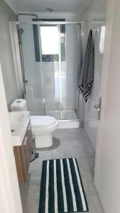 a bathroom with a shower and a toilet and a sink at Track Apartment in Scala