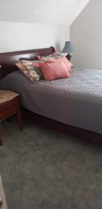 Haven on the Hill Bed & Breakfast في Ashville: غرفة نوم مع سرير مع وسائد وردية وطاولة