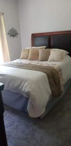 Haven on the Hill Bed & Breakfast في Ashville: غرفة نوم بسرير كبير عليها شراشف ووسائد بيضاء