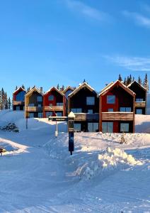 Ein Parkautomat im Schnee vor einer Hütte in der Unterkunft New ski in-out apartment with sauna in Hafjell in Øyer